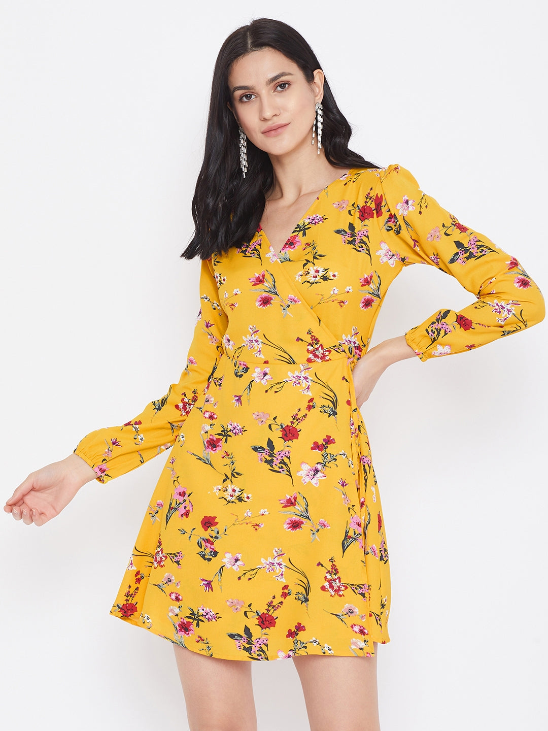 Women Yellow Floral Printed A-Line Wrap ...